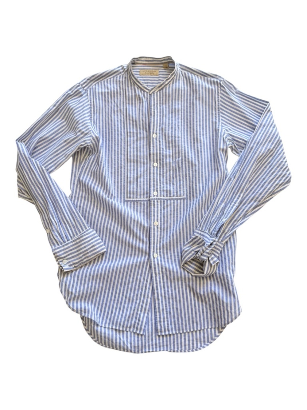 Burberry Blue Striped Bib-Front Band Collar Shirt - Men's M
